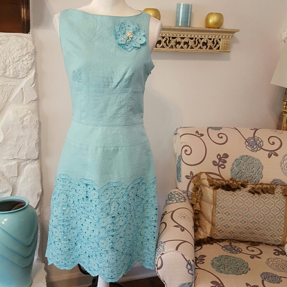 Kay Unger Blue Midi Dress with Floral Detail